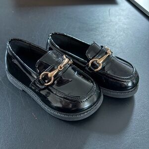 Black Patent Kids Loafers with Gold Buckle